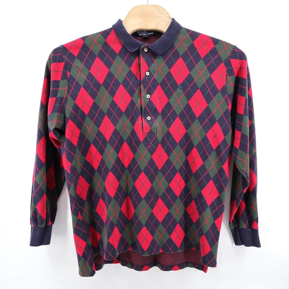 Vintage 80s Polo Ralph Laure Argyle Rugby Shirt‎ USA Made Long Sleeve Mens XL